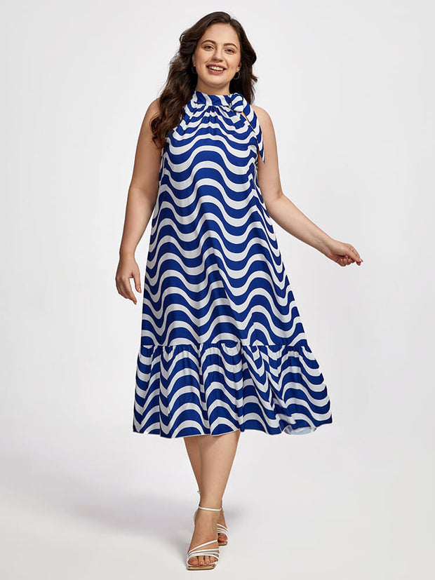 Plus Striped Halter Frill Trim Midi Dress