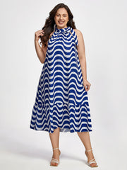 Plus Striped Halter Frill Trim Midi Dress