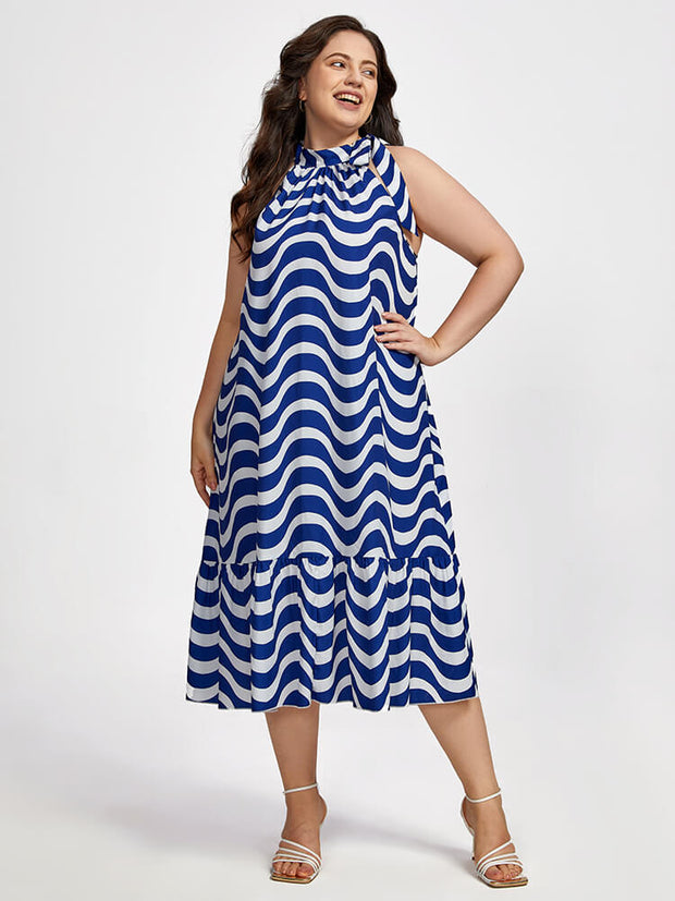 Plus Striped Halter Frill Trim Midi Dress