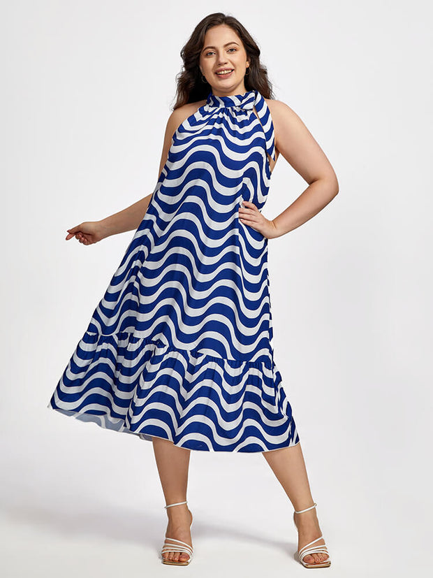 Plus Striped Halter Frill Trim Midi Dress