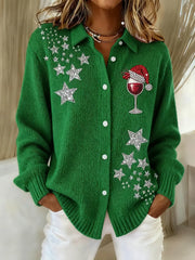 Women's Christmas Snowflake Wine Glass Art Pattern Print Knit Cardigan