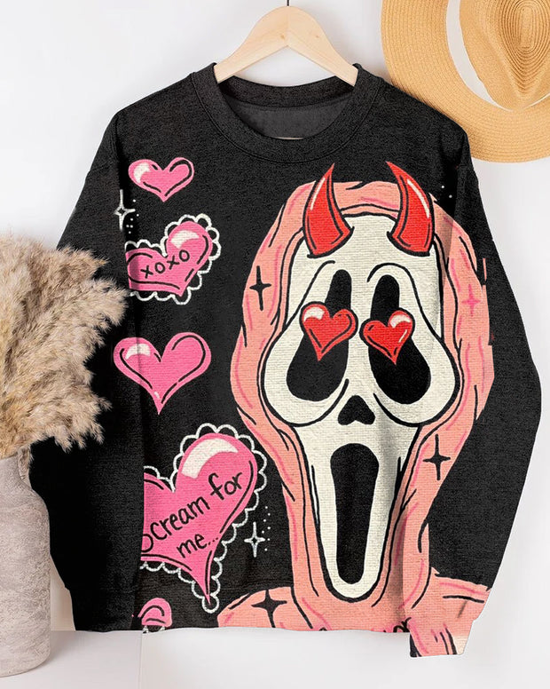 Halloween Pink Ghost Face Cartoon Print Long Sleeve Sweatshirt