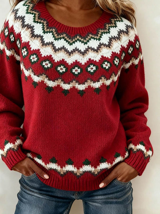 Women'S Casual Round Neck Christmas Color-Blocked Sweater
