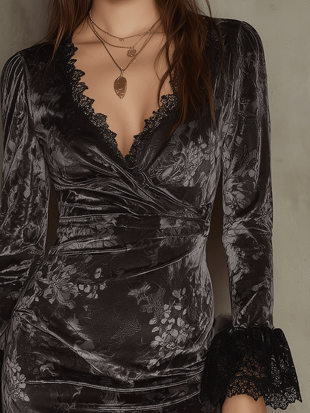 Velvet Wrap Lace Trim Mini Dress