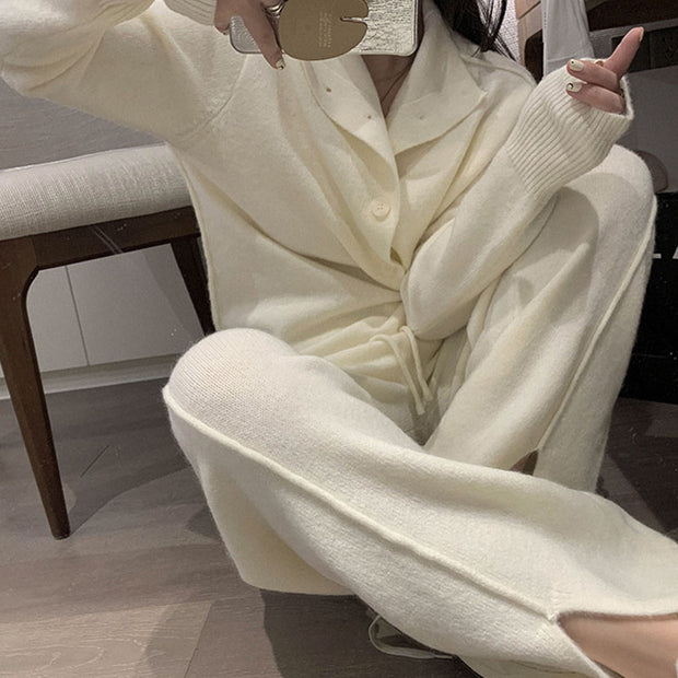 Gentle Wind Knitted Cardigan Sweater Loose Slit Trousers Two-piece Set