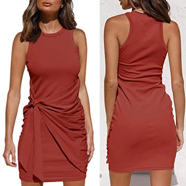 Women Simple Plain Sleeveless Drawstring Slim Round Neck Summer Casual Short Dress