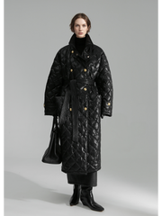Quilted Lambskin Down Coat for Women – Elegant Mid-Length Slim Fit Jacket with Waist Design, White Duck Down Winter Outerwear