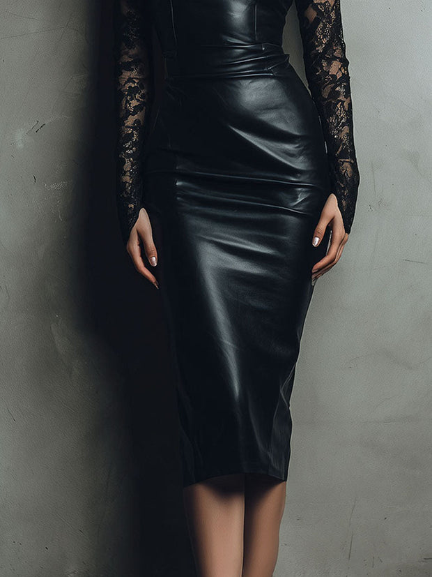 Chic Black Eco Leather & Lace Midi Dress