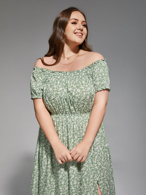 Plus Sage Green Floral Off-Shoulder Maxi Dress