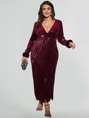 Fuzzy Cuff Split Thigh Sequin Wrap Dress