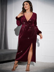 Fuzzy Cuff Split Thigh Sequin Wrap Dress