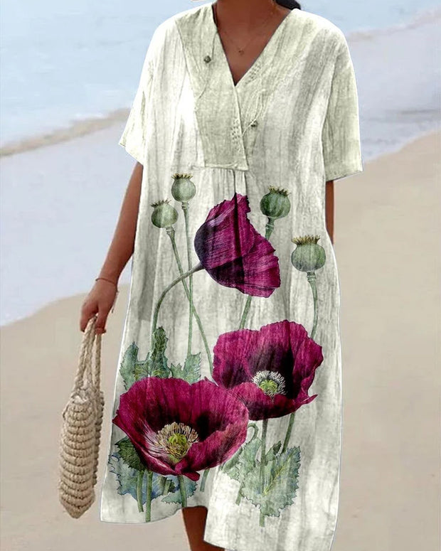 Women's V-neck Poppy Fruit Seaside Resort Style Dress