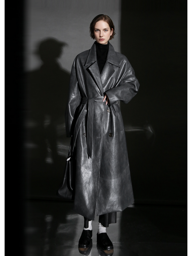 Women’s Sheepskin Leather Trench Coat – Niche Fashion Loose-Fit Mid-Length Stylish Leather Outerwear