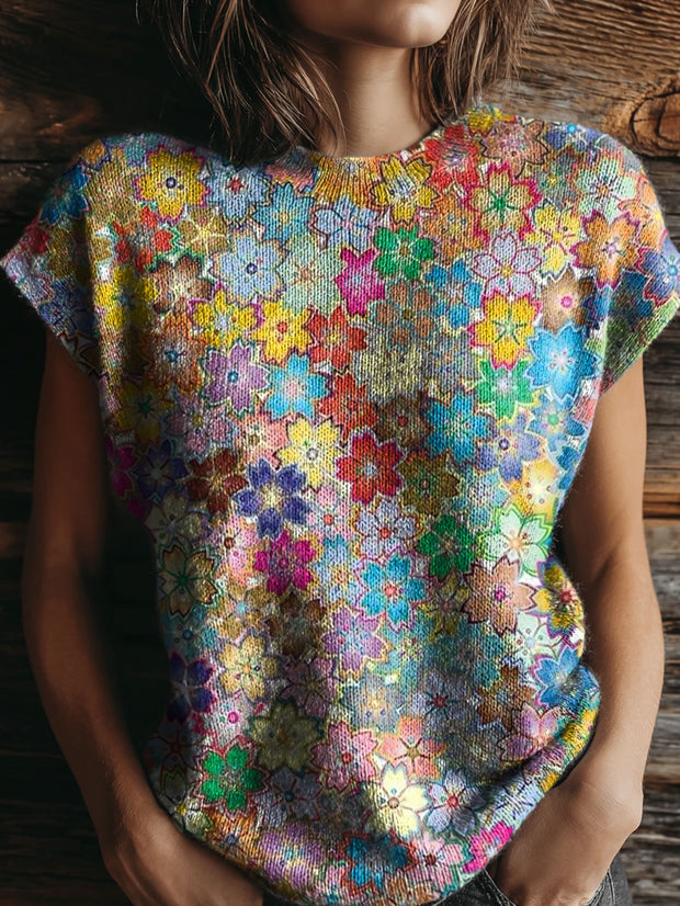 Women's Colorful Flowers Art Print Casual Crew Neck Short Sleeve Knitted Sweater