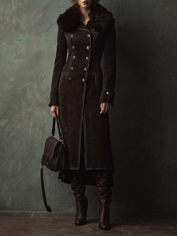 Vintage Dark Brown Eco-Suede Coat With Faux Fur Collar And Contrast Stitching
