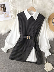 spring autumn women&#39;s lantern sleeve shirt knitted vest two piece sets of College style waistband vest two sets top UK900