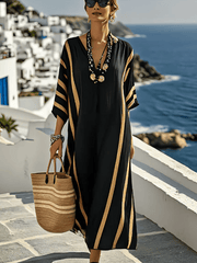Classic V-neck Drop Shoulder Striped Midi Dress