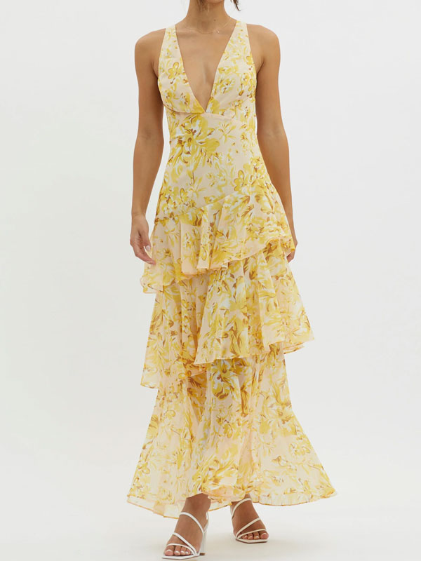 V neck tiered maxi dress