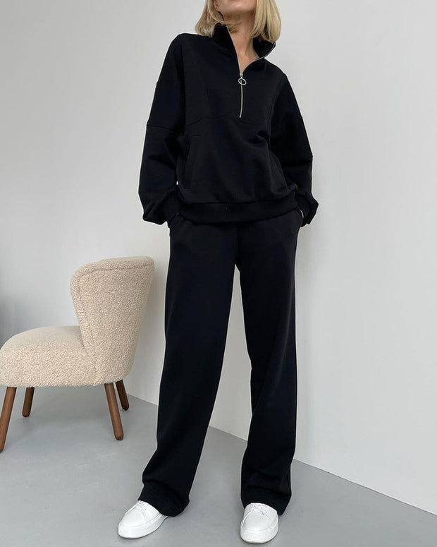 Casual Zipper Sweatshirt and Sports Pants Two-piece Set