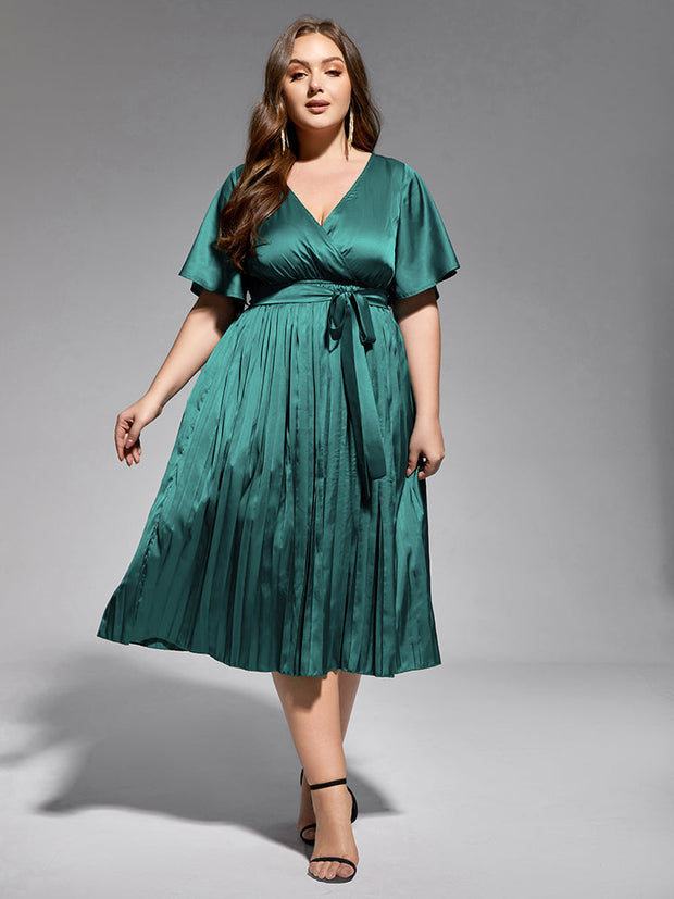 Plus Green Ruffle Sleeve Elastic Waist Midi Dress