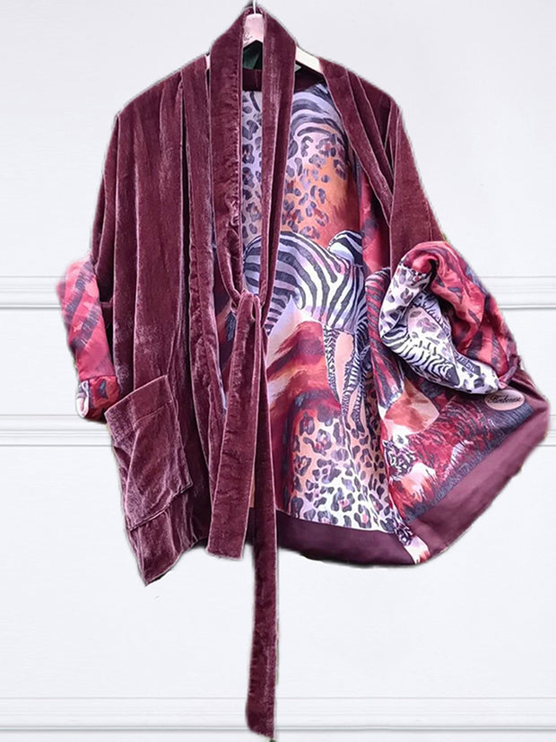 Lined Leopard Patchwork Print Fashion Short Kimono Duster