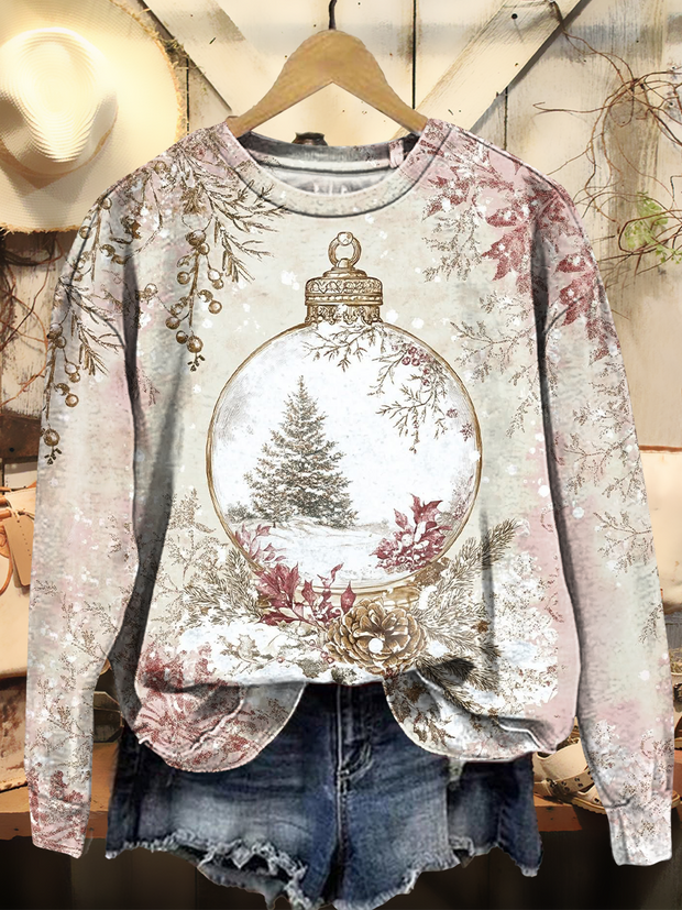 Women's Retro Flower Christmas Tree Art Print Casual Round Neck Pullover Sweatshirt