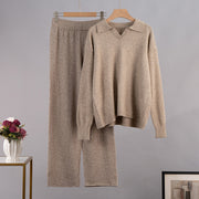 Polo Collar Knitted Pullover Wide-leg Trousers Two-pieces Set