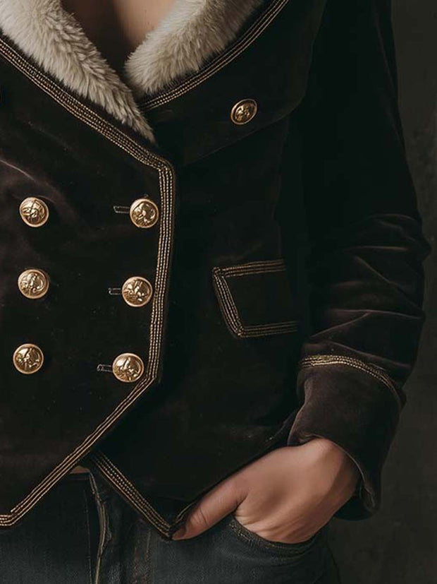 Velvet Double-Breasted Jacket With Full Fur Lining – Deep Espresso