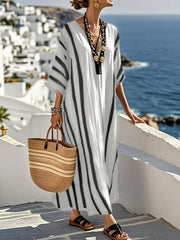 Classic V-neck Drop Shoulder Striped Midi Dress