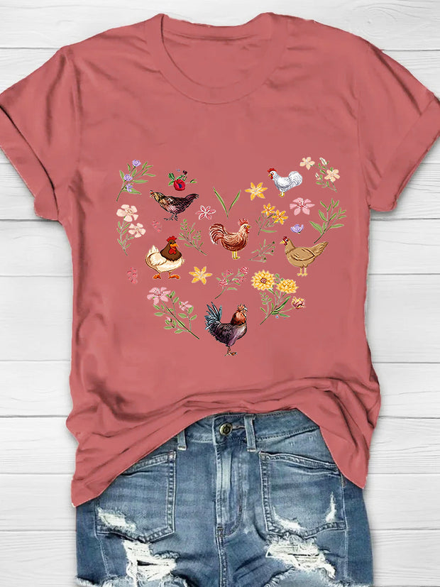 Wild Flowers And Chickens Printed Crew Neck Women's T-shirt