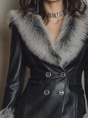 Eco-Leather Double-Breasted Jacket With Faux Fur Collar & Cuffs