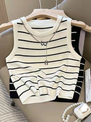 Summer Striped Knitted Sleeveless Top High Waist Navel Short Vest T-shirt Tops Tank Top Tops for Women White Corset Top