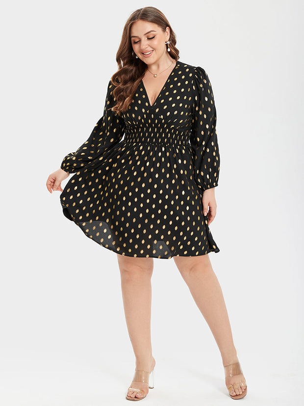 Gold Polka Dot V-Neck Lantern Sleeve Elastic Waist Dress