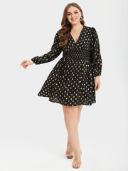 Gold Polka Dot V-Neck Lantern Sleeve Elastic Waist Dress