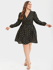 Gold Polka Dot V-Neck Lantern Sleeve Elastic Waist Dress