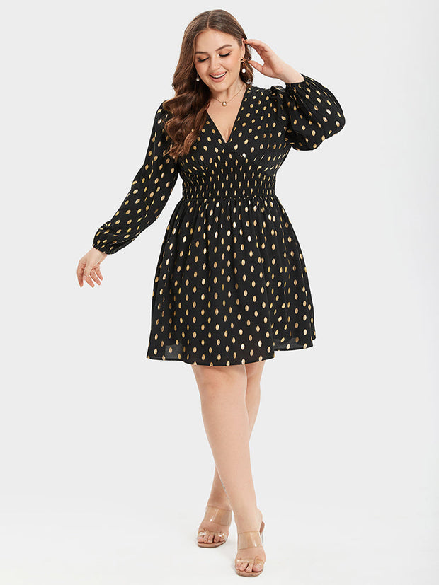 Gold Polka Dot V-Neck Lantern Sleeve Elastic Waist Dress