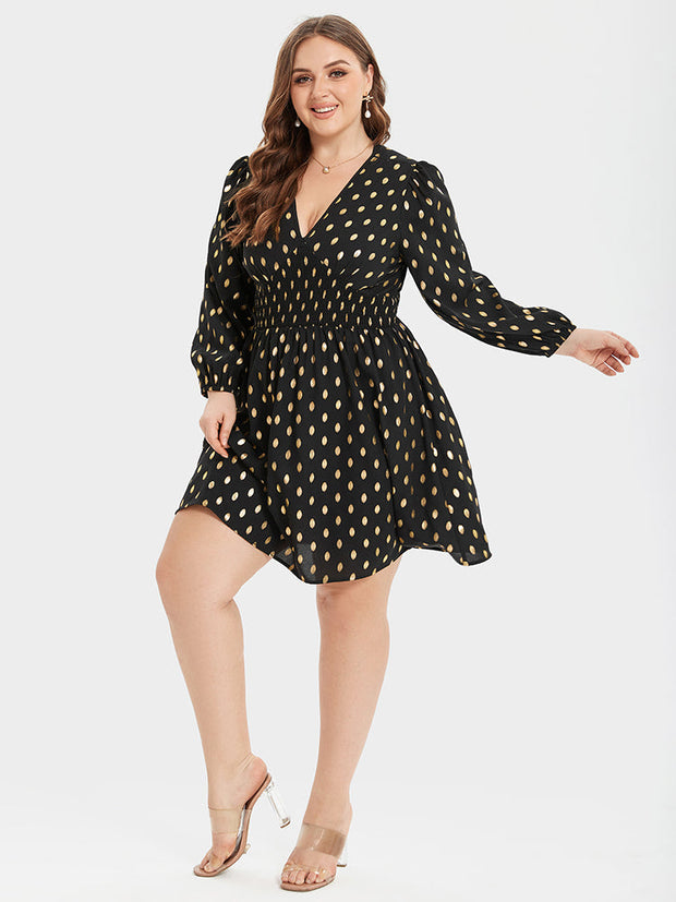 Gold Polka Dot V-Neck Lantern Sleeve Elastic Waist Dress