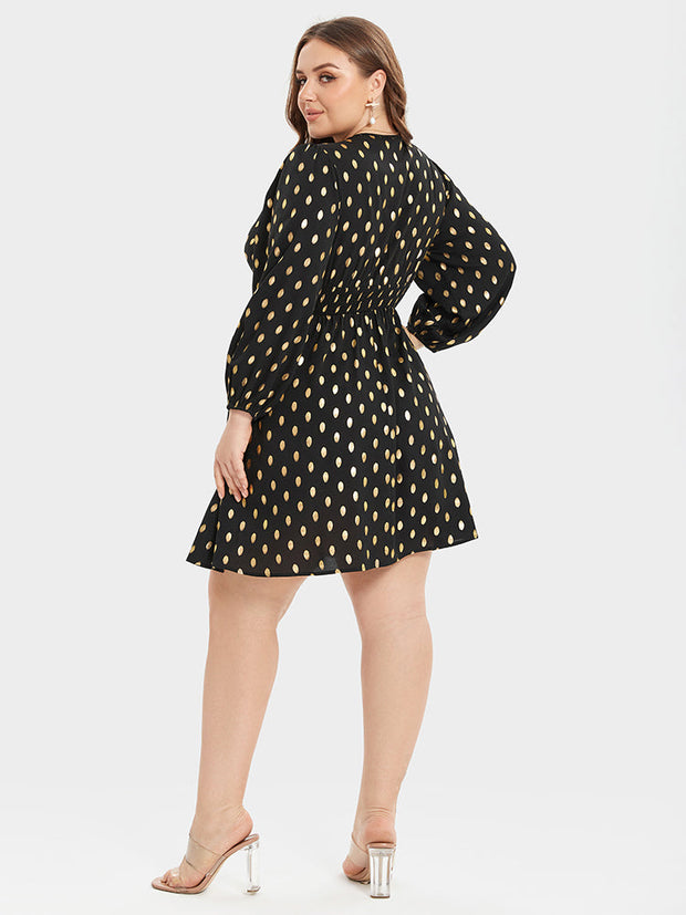 Gold Polka Dot V-Neck Lantern Sleeve Elastic Waist Dress