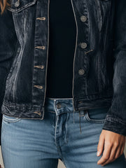 Classic Dark Blue Eco Fur Collar Denim Jacket