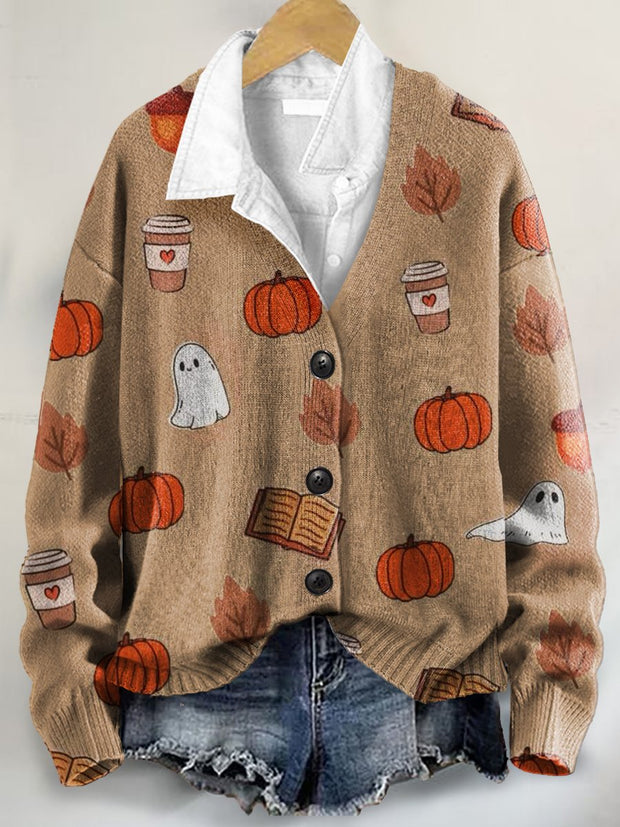 Halloween Pattern Art Print Buttoned V-neck Cardigan Sweater
