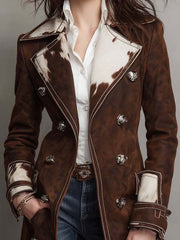 Cow Print Panel Faux Suede Long Coat