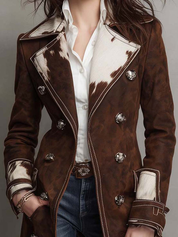 Cow Print Panel Faux Suede Long Coat