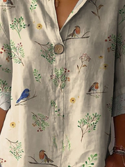 Boughs And Robin Birds Pattern Printed Women's Casual Cotton Linen Shirt