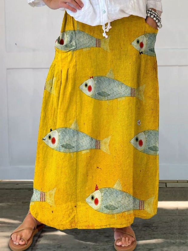 Women's Vintage Fish Art Print Casual Cotton And Linen Shirt