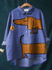 Cute Dachshund Floral Art Print Cotton and Linen Long Sleeve Shirt