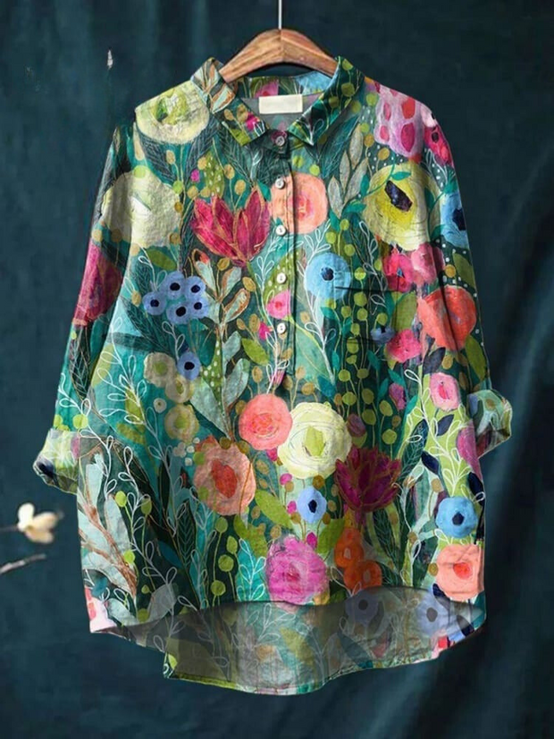 Women's Vintage Flower Casual Cotton Linen Shirt