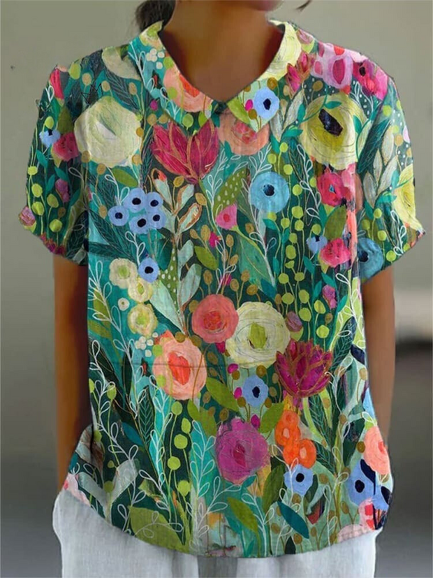 Women's Vintage Flower Casual Cotton Linen Shirt