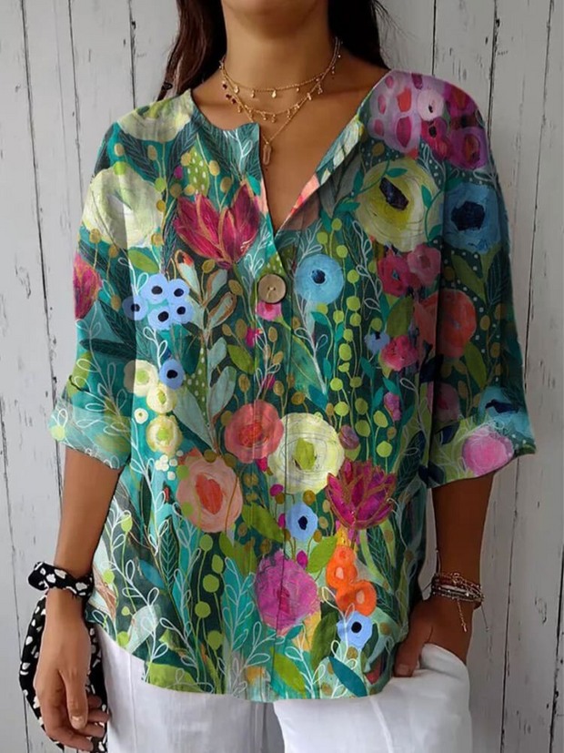 Women's Vintage Flower Casual Cotton Linen Shirt