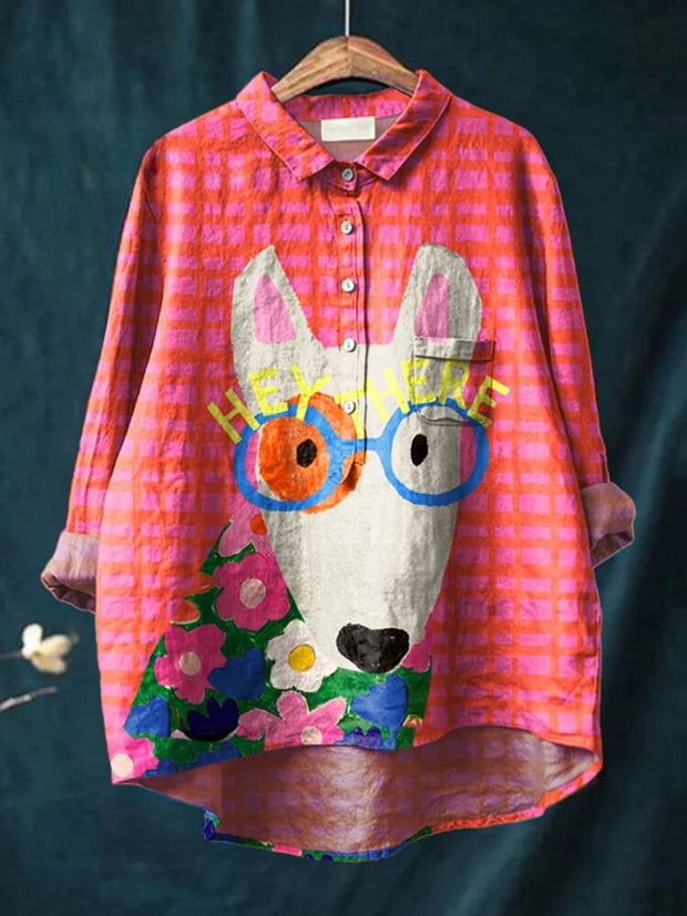 Women's Dog  Art Print Casual Cotton And Linen Shirt