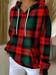 Women'S Casual Round Neck Contrast Color Stitching Plaid Sweatshirt